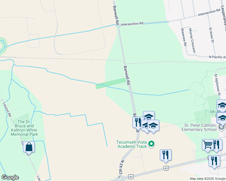 map of restaurants, bars, coffee shops, grocery stores, and more near 2325 Banwell Road in Tecumseh