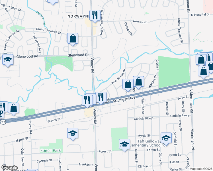 map of restaurants, bars, coffee shops, grocery stores, and more near 32567 Woodbrook Drive in Wayne