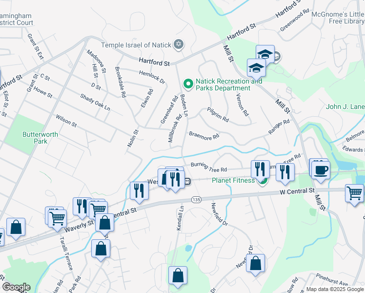 map of restaurants, bars, coffee shops, grocery stores, and more near 159 Boden Lane in Natick