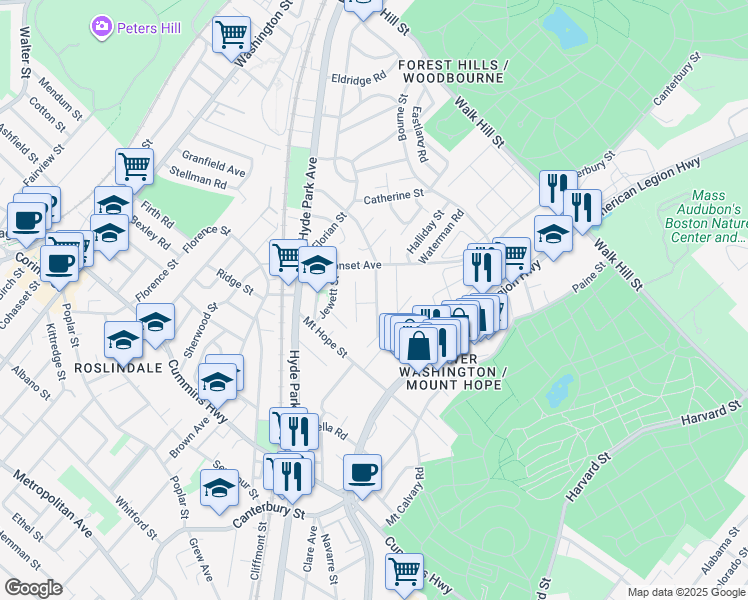 map of restaurants, bars, coffee shops, grocery stores, and more near 29 Charme Avenue in Boston