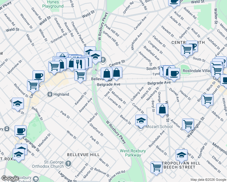 map of restaurants, bars, coffee shops, grocery stores, and more near 24 Montvale Street in Boston