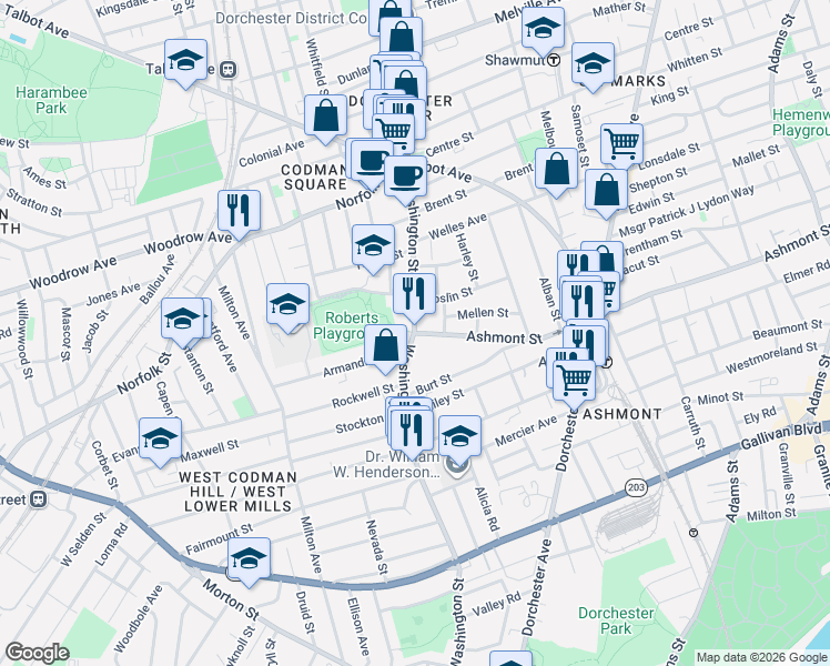 map of restaurants, bars, coffee shops, grocery stores, and more near Washington St & Ashmont St in Boston