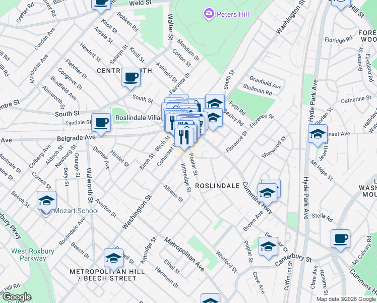 map of restaurants, bars, coffee shops, grocery stores, and more near 2 Florence Street in Boston
