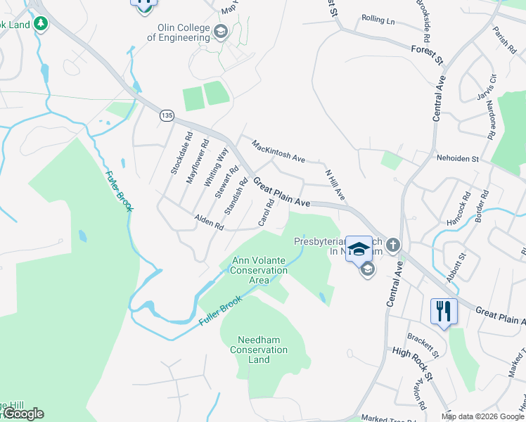 map of restaurants, bars, coffee shops, grocery stores, and more near 27 Carol Road in Needham
