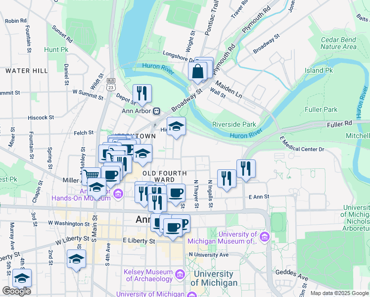 map of restaurants, bars, coffee shops, grocery stores, and more near 707 East Kingsley Street in Ann Arbor