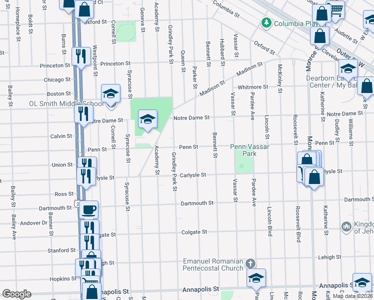 map of restaurants, bars, coffee shops, grocery stores, and more near 23239 Penn Street in Dearborn