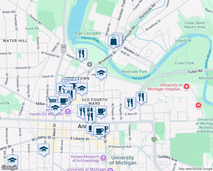 map of restaurants, bars, coffee shops, grocery stores, and more near 514 North State Street in Ann Arbor