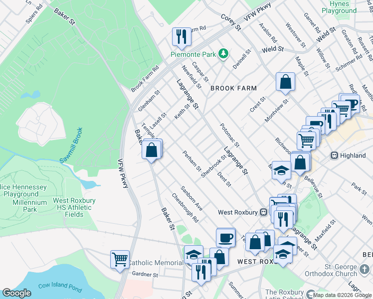 map of restaurants, bars, coffee shops, grocery stores, and more near 161 Perham Street in Boston