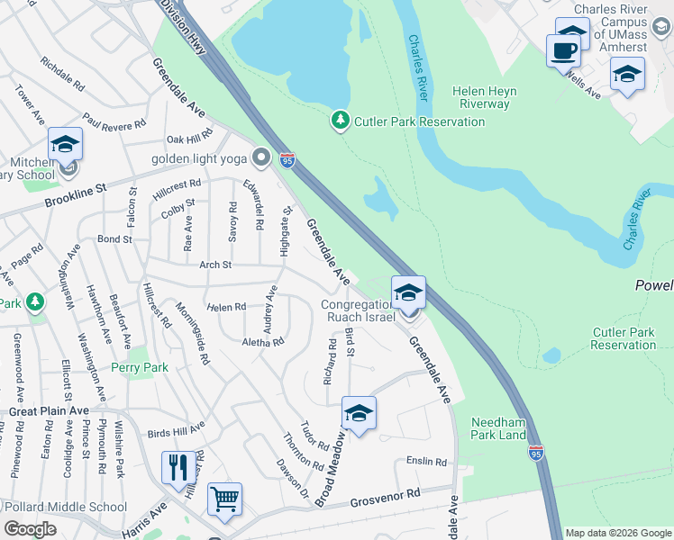 map of restaurants, bars, coffee shops, grocery stores, and more near 16 Chestnut Street in Needham