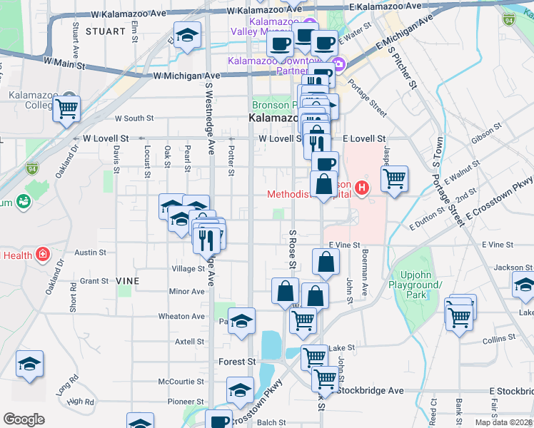 map of restaurants, bars, coffee shops, grocery stores, and more near 219 West Dutton Street in Kalamazoo