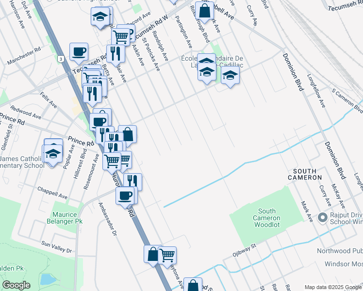 map of restaurants, bars, coffee shops, grocery stores, and more near Askin Avenue in Windsor