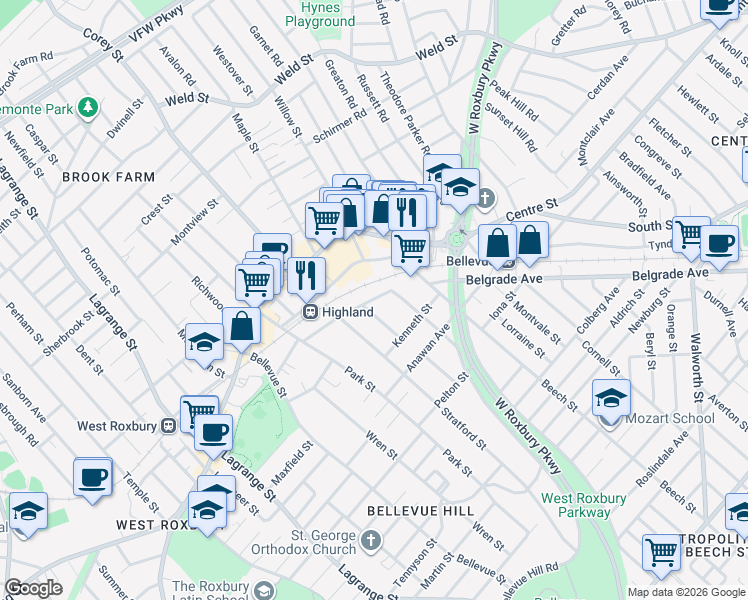 map of restaurants, bars, coffee shops, grocery stores, and more near 84 Clement Avenue in Boston