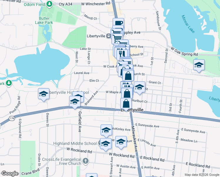 map of restaurants, bars, coffee shops, grocery stores, and more near 302 West Maple Avenue in Libertyville
