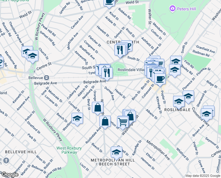 map of restaurants, bars, coffee shops, grocery stores, and more near 86 Durnell Avenue in Boston