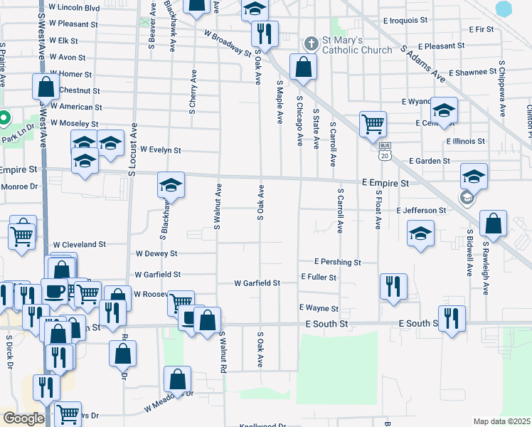 map of restaurants, bars, coffee shops, grocery stores, and more near 1407 South Oak Avenue in Freeport