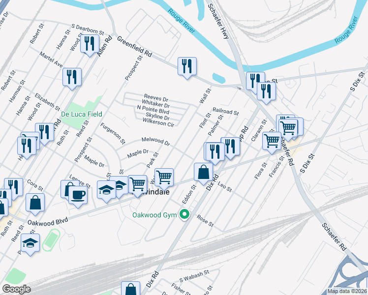 map of restaurants, bars, coffee shops, grocery stores, and more near 17380 Flint Street in Melvindale