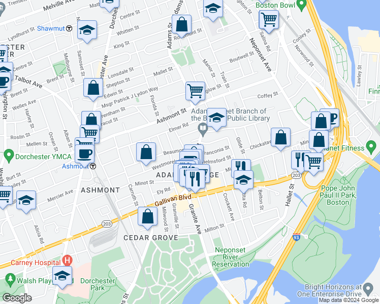 map of restaurants, bars, coffee shops, grocery stores, and more near 722 Adams Street in Boston