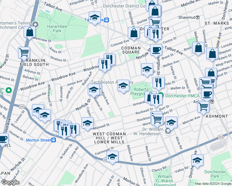 map of restaurants, bars, coffee shops, grocery stores, and more near 49 Milton Avenue in Boston