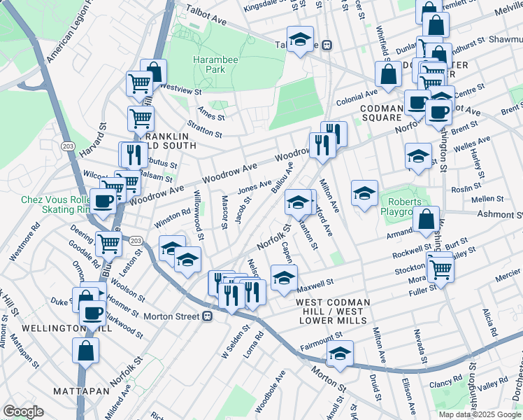 map of restaurants, bars, coffee shops, grocery stores, and more near 24A Rock Avenue in Boston