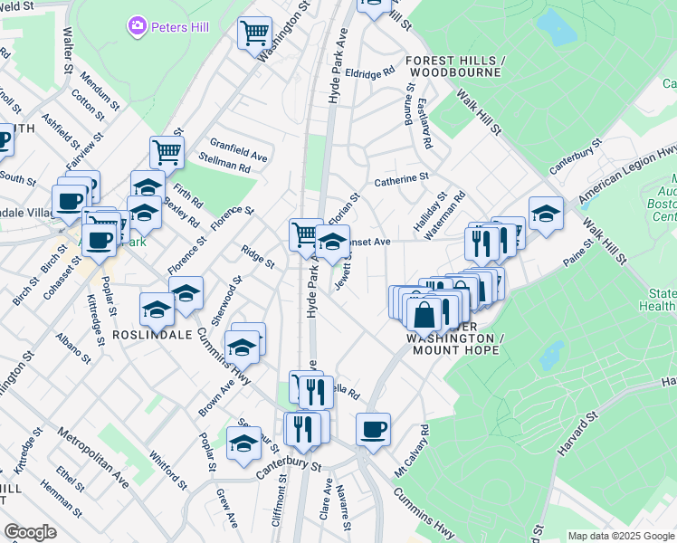 map of restaurants, bars, coffee shops, grocery stores, and more near 58 Philbrick Street in Boston