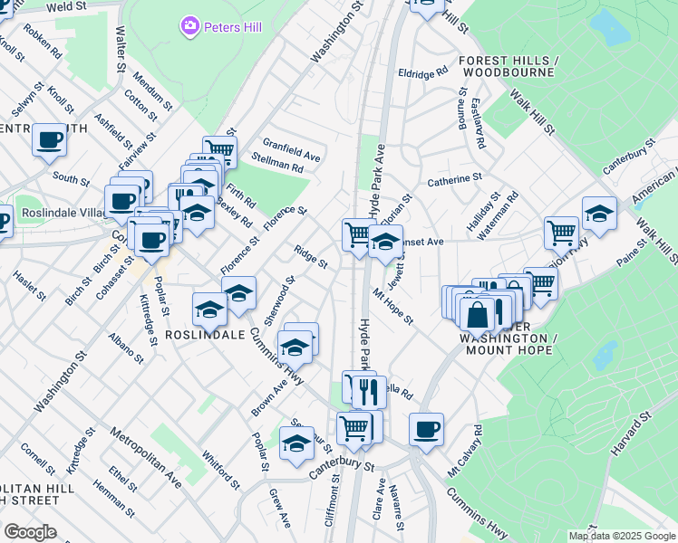map of restaurants, bars, coffee shops, grocery stores, and more near 443 Hyde Park Avenue in Boston