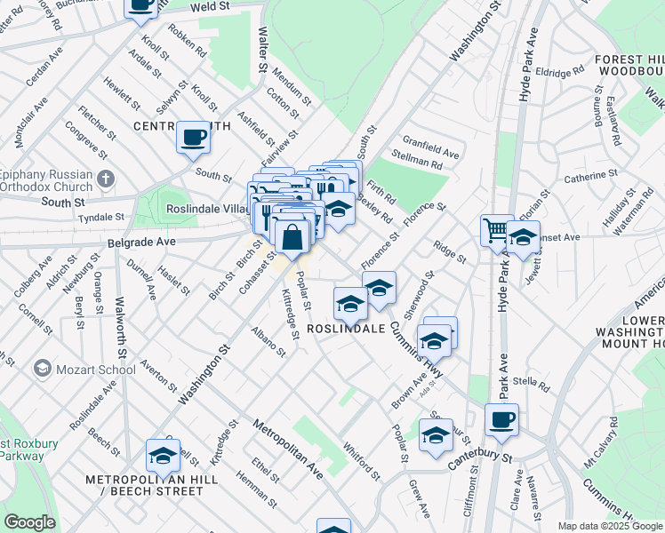 map of restaurants, bars, coffee shops, grocery stores, and more near 40 Florence Street in Boston