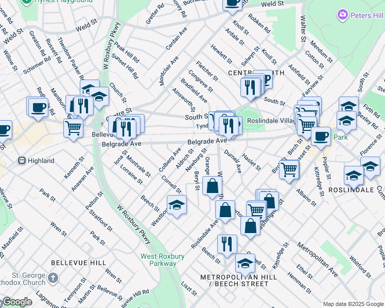 map of restaurants, bars, coffee shops, grocery stores, and more near 37 Aldrich Street in Boston
