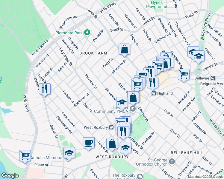 map of restaurants, bars, coffee shops, grocery stores, and more near 87 Mount Vernon Street in Boston