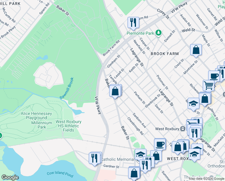 map of restaurants, bars, coffee shops, grocery stores, and more near 456 Baker Street in Boston