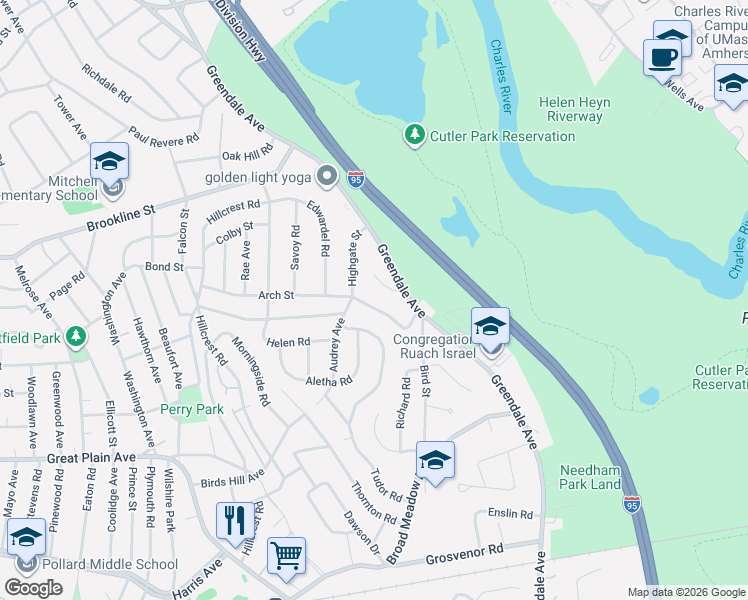 map of restaurants, bars, coffee shops, grocery stores, and more near 52 Rybury Hillway in Needham