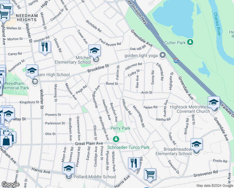 map of restaurants, bars, coffee shops, grocery stores, and more near 43 Hazelton Avenue in Needham