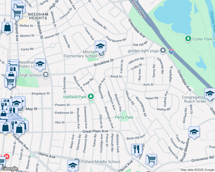 map of restaurants, bars, coffee shops, grocery stores, and more near 36 Hawthorn Avenue in Needham