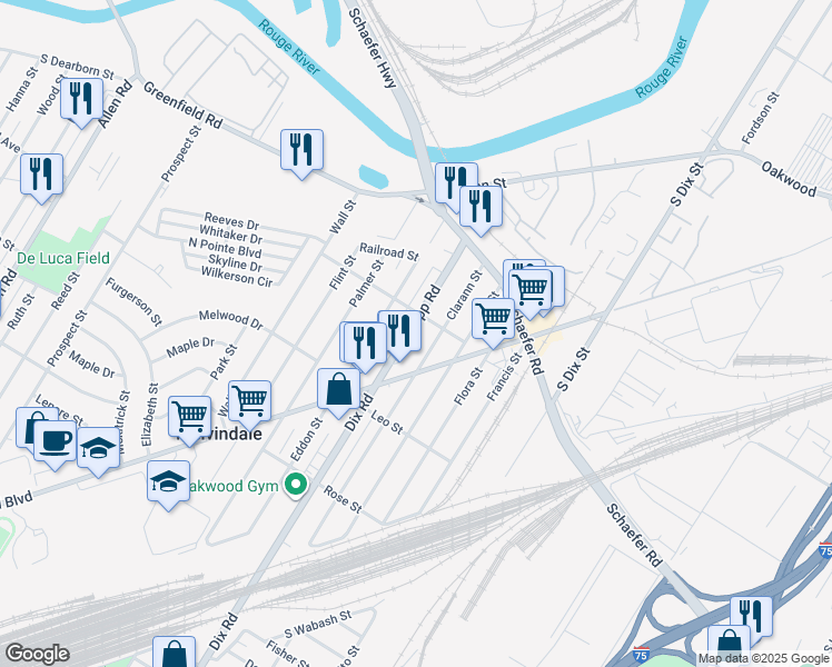 map of restaurants, bars, coffee shops, grocery stores, and more near 17261 Clarann Street in Melvindale