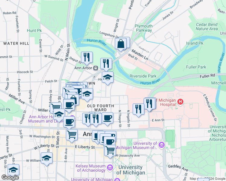 map of restaurants, bars, coffee shops, grocery stores, and more near 707 East Kingsley Street in Ann Arbor
