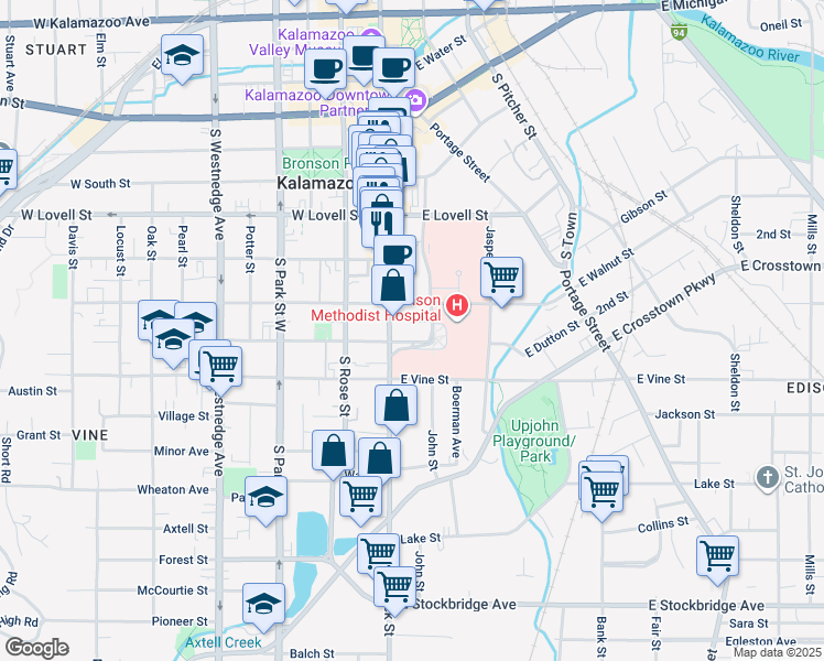 map of restaurants, bars, coffee shops, grocery stores, and more near 130 East Dutton Street in Kalamazoo