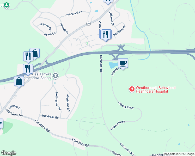 map of restaurants, bars, coffee shops, grocery stores, and more near 25 Connector Road in Westborough