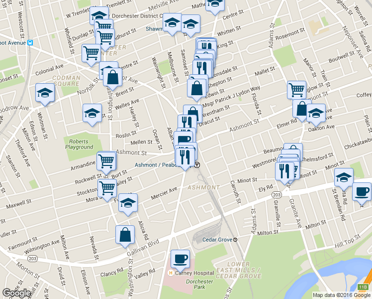 map of restaurants, bars, coffee shops, grocery stores, and more near in Boston