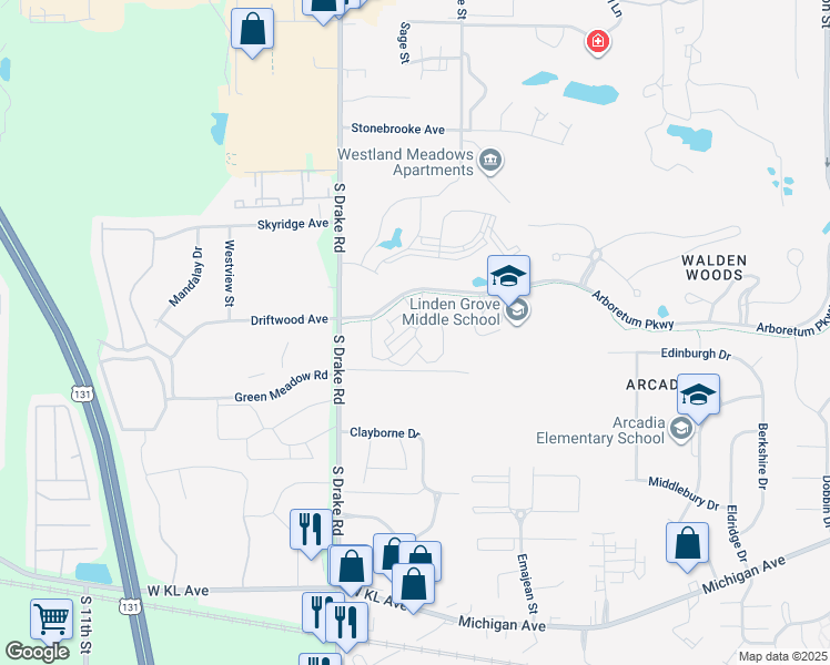 map of restaurants, bars, coffee shops, grocery stores, and more near 828 Antler Hill Circle in Kalamazoo