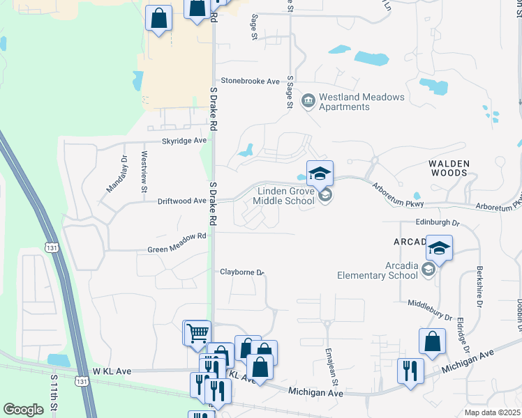 map of restaurants, bars, coffee shops, grocery stores, and more near Park Circle Drive in Kalamazoo