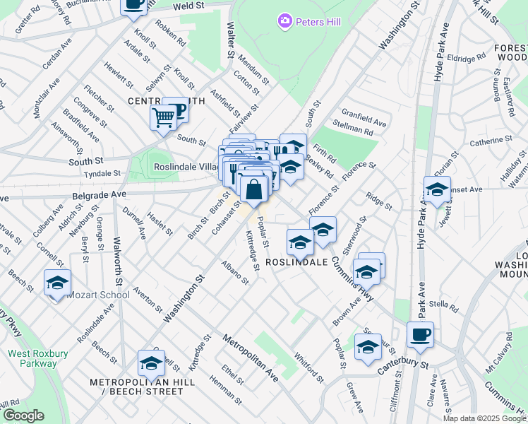 map of restaurants, bars, coffee shops, grocery stores, and more near 70 Poplar Street in Boston
