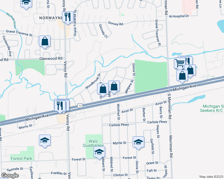 map of restaurants, bars, coffee shops, grocery stores, and more near 3236 Winifred Street in Wayne