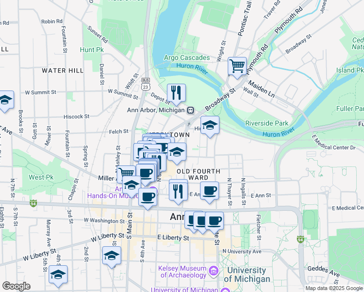 map of restaurants, bars, coffee shops, grocery stores, and more near 521 North Division Street in Ann Arbor