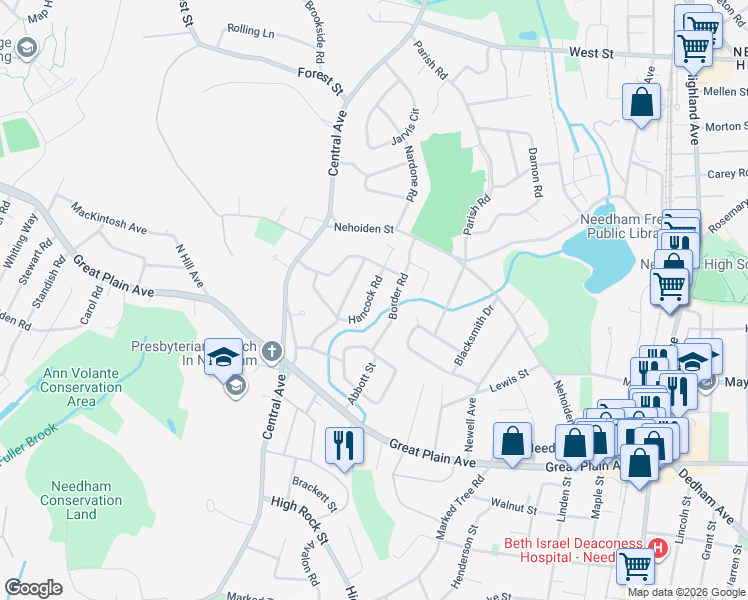 map of restaurants, bars, coffee shops, grocery stores, and more near 34 Border Road in Needham