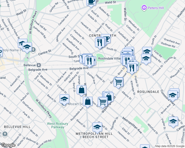 map of restaurants, bars, coffee shops, grocery stores, and more near 86 Durnell Avenue in Boston