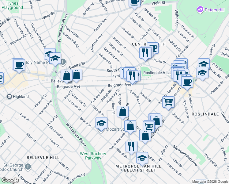 map of restaurants, bars, coffee shops, grocery stores, and more near 40 Newburg Street in Boston