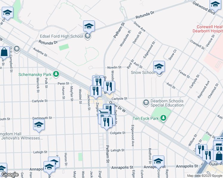 map of restaurants, bars, coffee shops, grocery stores, and more near 19201 Audette Street in Dearborn