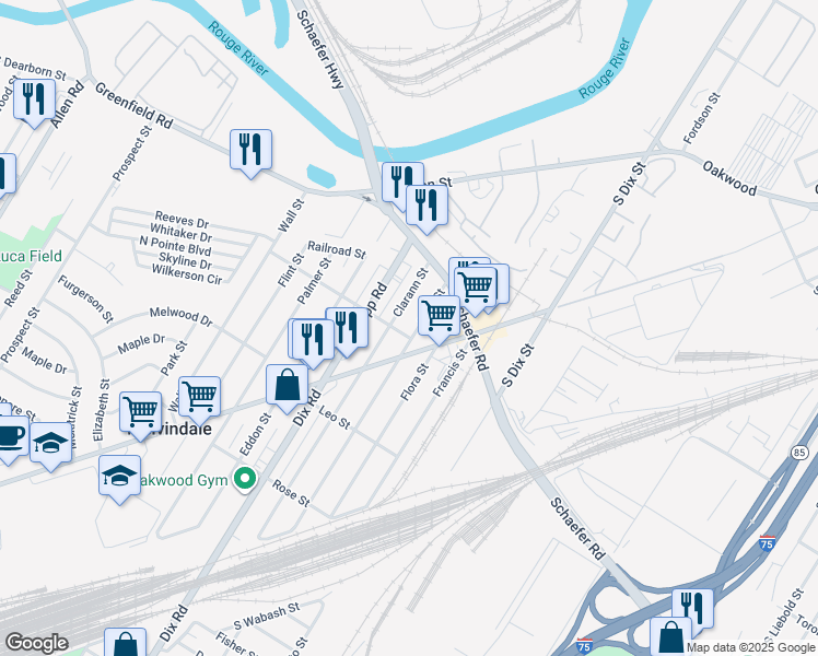 map of restaurants, bars, coffee shops, grocery stores, and more near 2438 Oakwood Boulevard in Melvindale