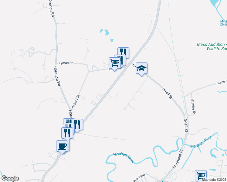 map of restaurants, bars, coffee shops, grocery stores, and more near 203 Northampton Street in Easthampton