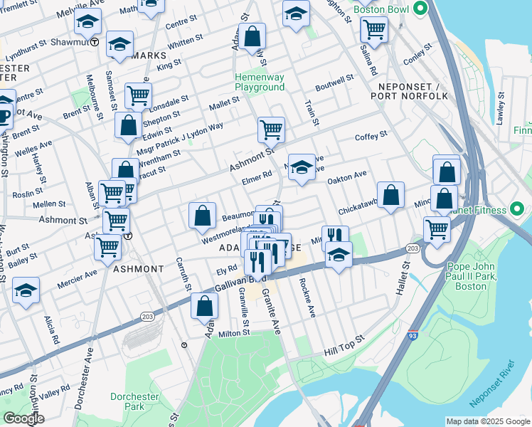 map of restaurants, bars, coffee shops, grocery stores, and more near 722 Adams Street in Boston