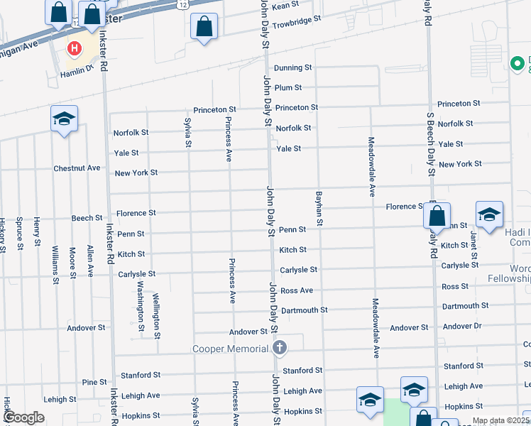 map of restaurants, bars, coffee shops, grocery stores, and more near 3447 John Daly Street in Inkster